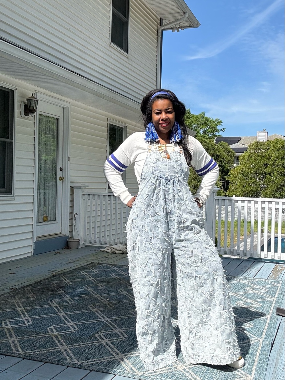 BiBi Light Wash Distressed Denim Wide-Leg Overalls fun vacation bbq weekender - Picture 2 of 6